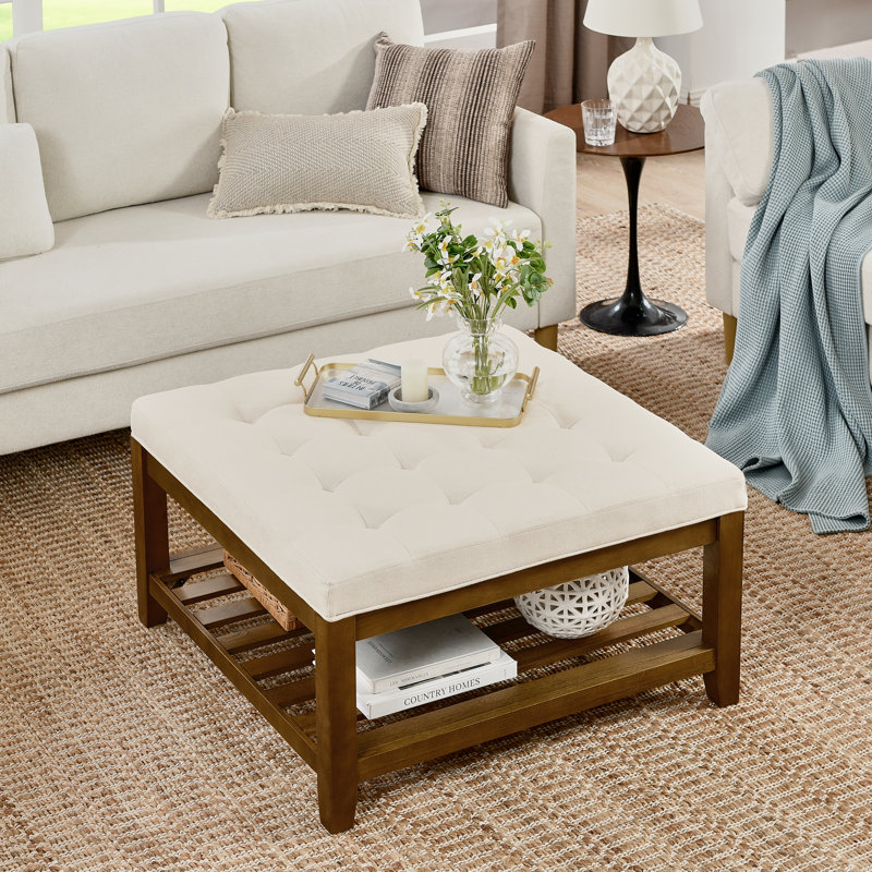 Large Square Upholstered Tufted Linen Ottoman Coffee Table Footrest w Solid Wood Shelf Red Barrel Studio Table Top Color Ivory